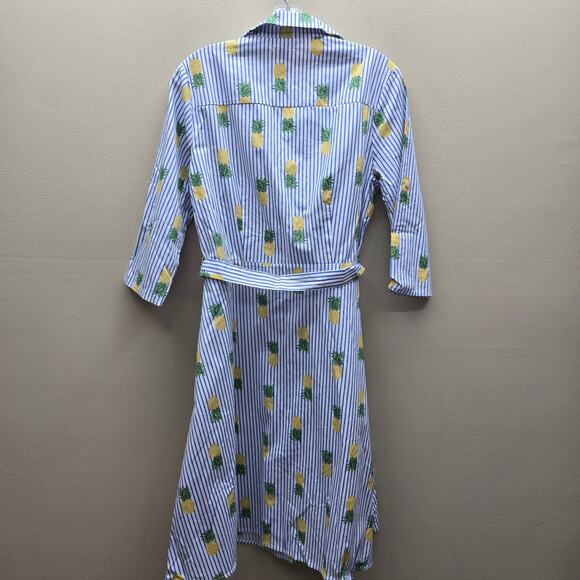 Chloe + Rene Striped Button Up Pineapple Print Dress Blue & White Size Medium - Picture 2 of 8